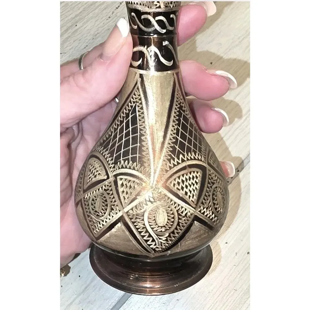 Vintage Copper Vase Hand Etched Engraved 6